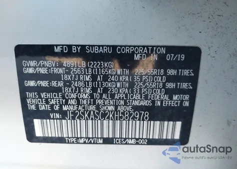 2019 Subaru Forester Limited z USA, uszkodzony, nr VIN JF2SKASC2KH582978